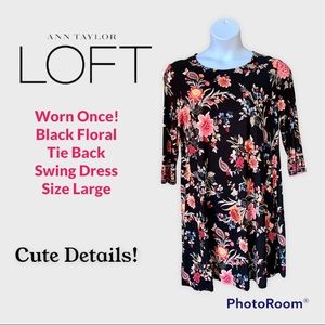 CUTE - LIKE NEW Women’s LOFT Black Floral Tie Back Swing Dress - 3/4” Sleeves